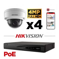 Kit vidéosurveillance PoE 4 caméras dôme 4MP H265+ vision de nuit 30 mètres